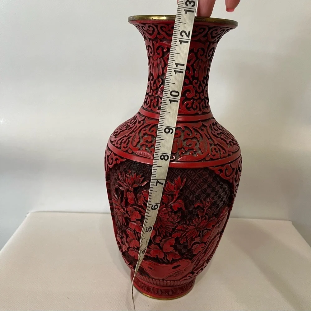 Vintage Red Cinnabar Vase Brass